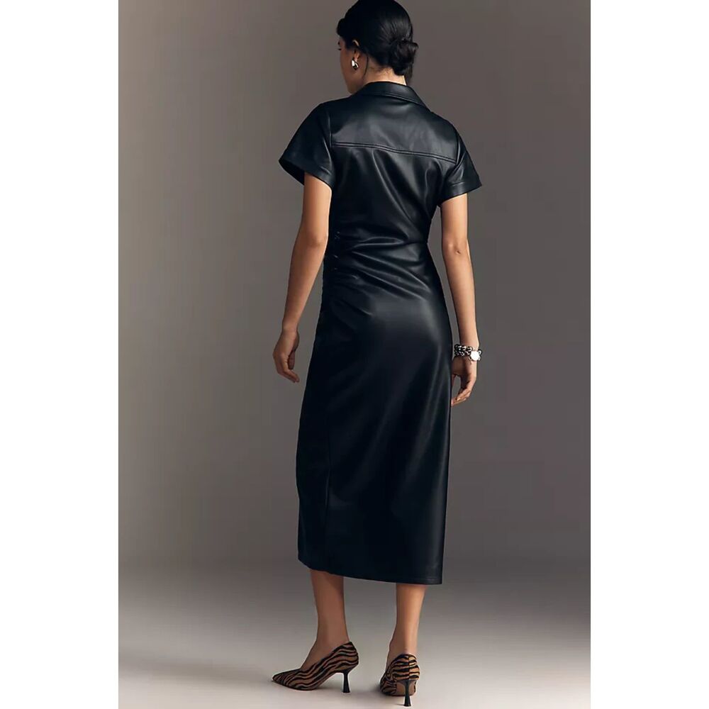 Pilcro Anthropologie Greer Faux Leather Midi Shirtdress Black M Edgy Streetwear - Picture 2 of 10
